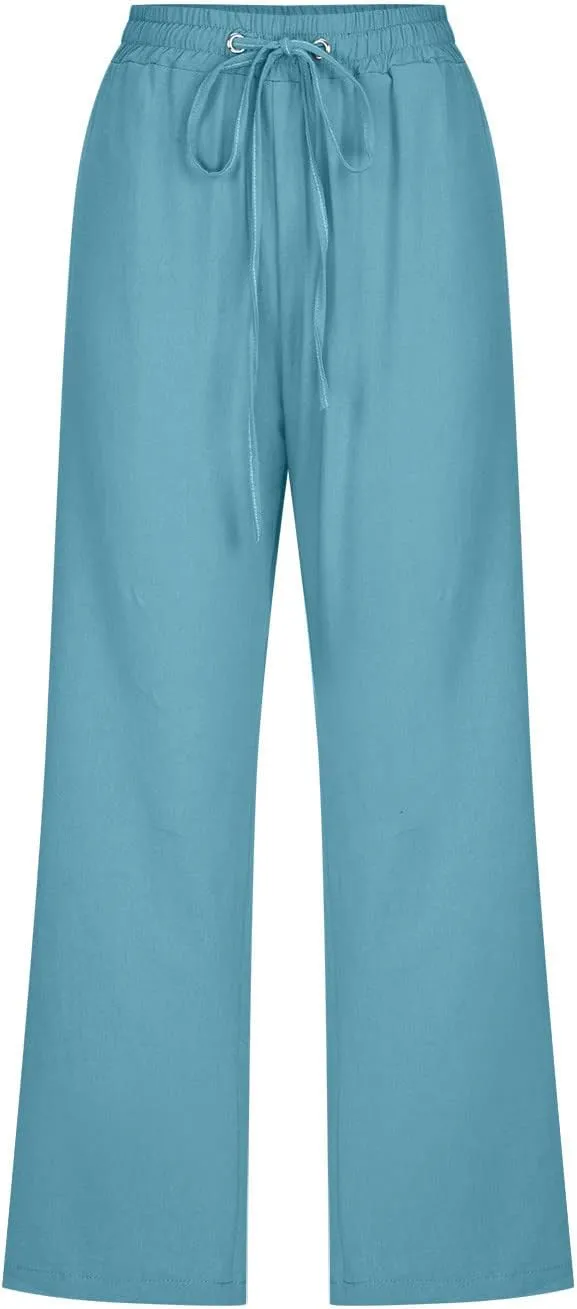 Lmdudan 2025 Summer Womens Capris Solid Linen Pants High Waisted Drawstring Casual Loose Cropped Trousers with Pockets