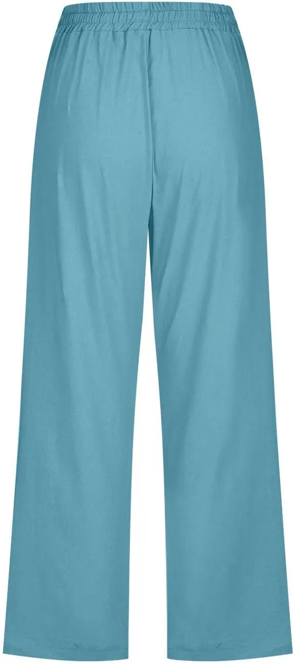 Lmdudan 2025 Summer Womens Capris Solid Linen Pants High Waisted Drawstring Casual Loose Cropped Trousers with Pockets