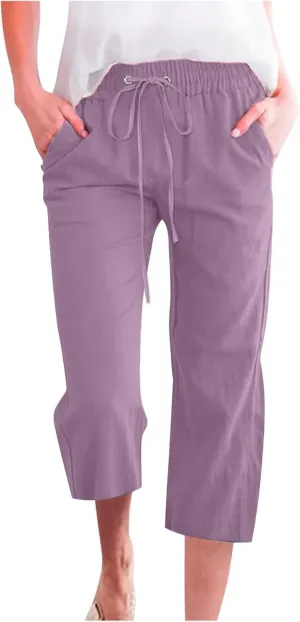 Lmdudan 2025 Summer Womens Capris Solid Linen Pants High Waisted Drawstring Casual Loose Cropped Trousers with Pockets