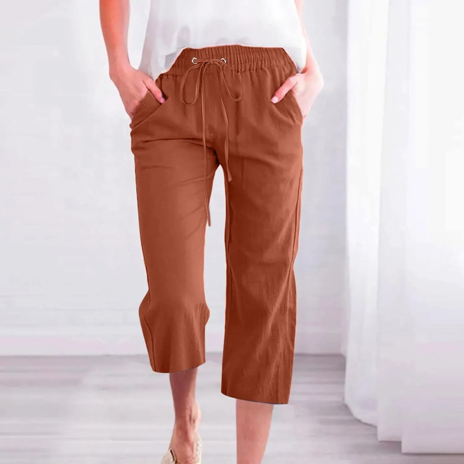 Lmdudan 2025 Summer Womens Capris Solid Linen Pants High Waisted Drawstring Casual Loose Cropped Trousers with Pockets