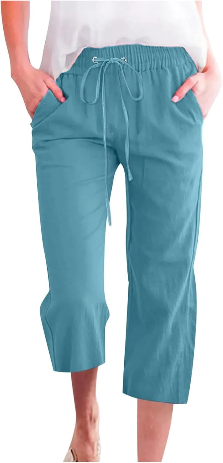 Lmdudan 2025 Summer Womens Capris Solid Linen Pants High Waisted Drawstring Casual Loose Cropped Trousers with Pockets