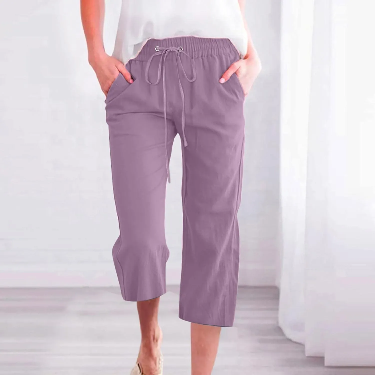 Lmdudan 2025 Summer Womens Capris Solid Linen Pants High Waisted Drawstring Casual Loose Cropped Trousers with Pockets