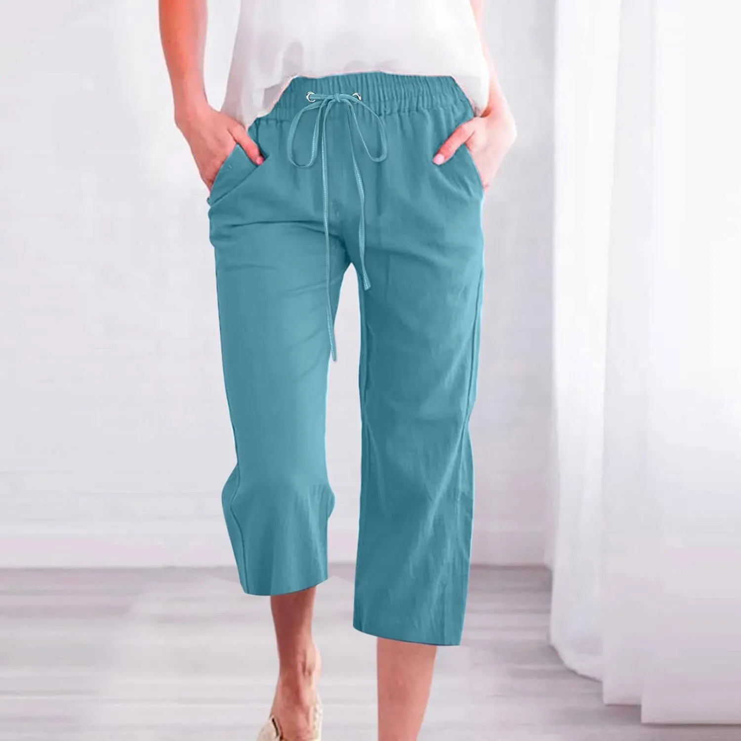 Lmdudan 2025 Summer Womens Capris Solid Linen Pants High Waisted Drawstring Casual Loose Cropped Trousers with Pockets