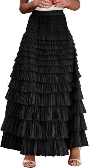 Long Tulle Skirt for Women Elastic High Waist Tutu A Line Fairy Skirt Mesh Layered Ruffle Skirt Tiered Maxi Skirts Petticoat