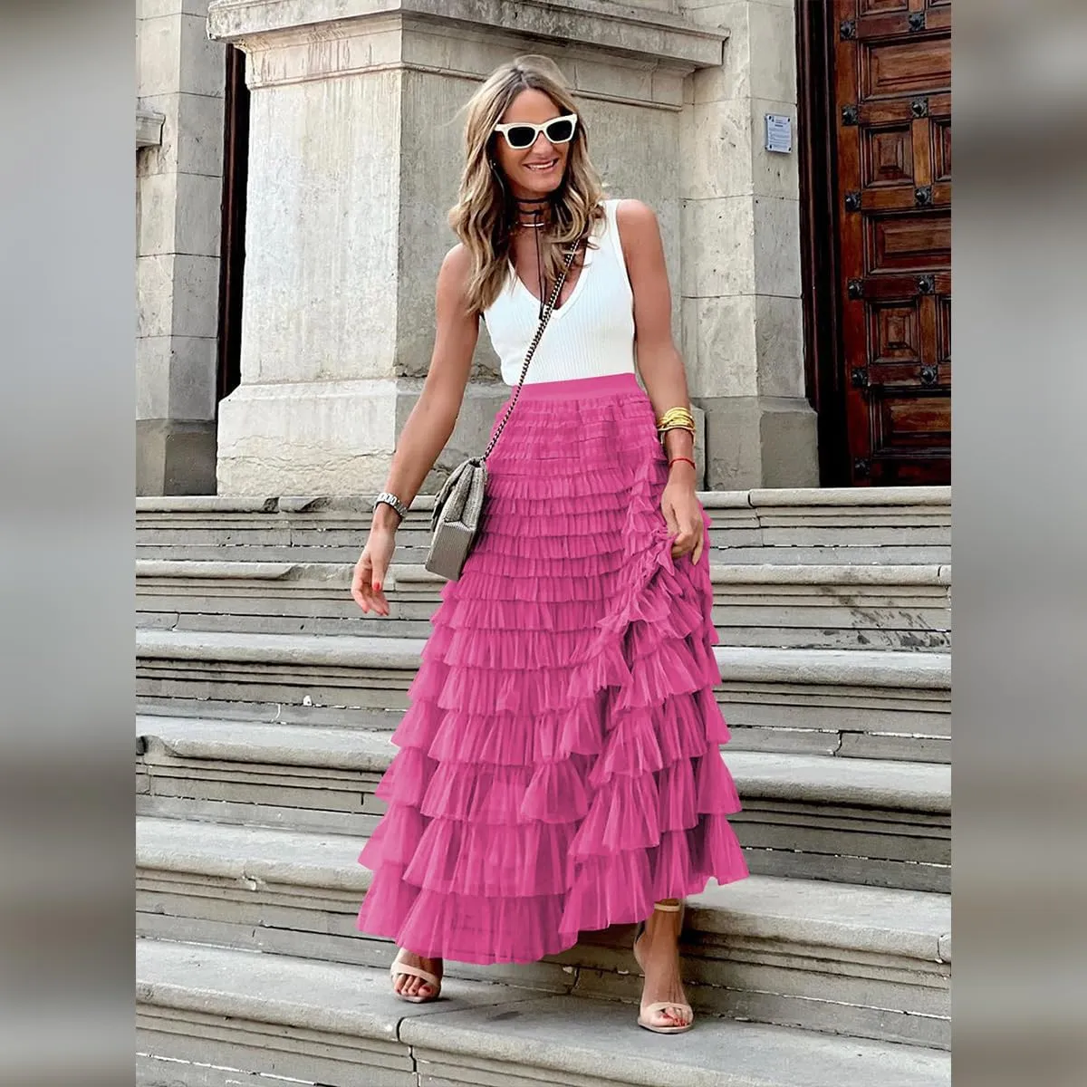 Long Tulle Skirt for Women Elastic High Waist Tutu A Line Fairy Skirt Mesh Layered Ruffle Skirt Tiered Maxi Skirts Petticoat