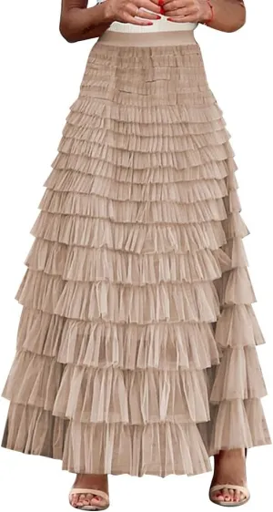 Long Tulle Skirt for Women Elastic High Waist Tutu A Line Fairy Skirt Mesh Layered Ruffle Skirt Tiered Maxi Skirts Petticoat