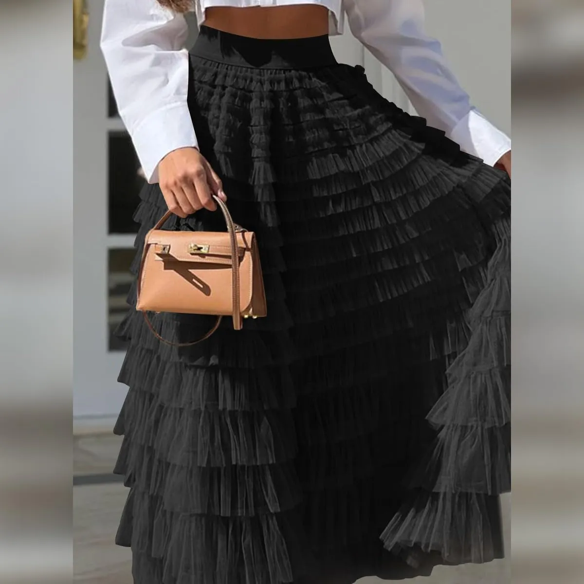 Long Tulle Skirt for Women Elastic High Waist Tutu A Line Fairy Skirt Mesh Layered Ruffle Skirt Tiered Maxi Skirts Petticoat