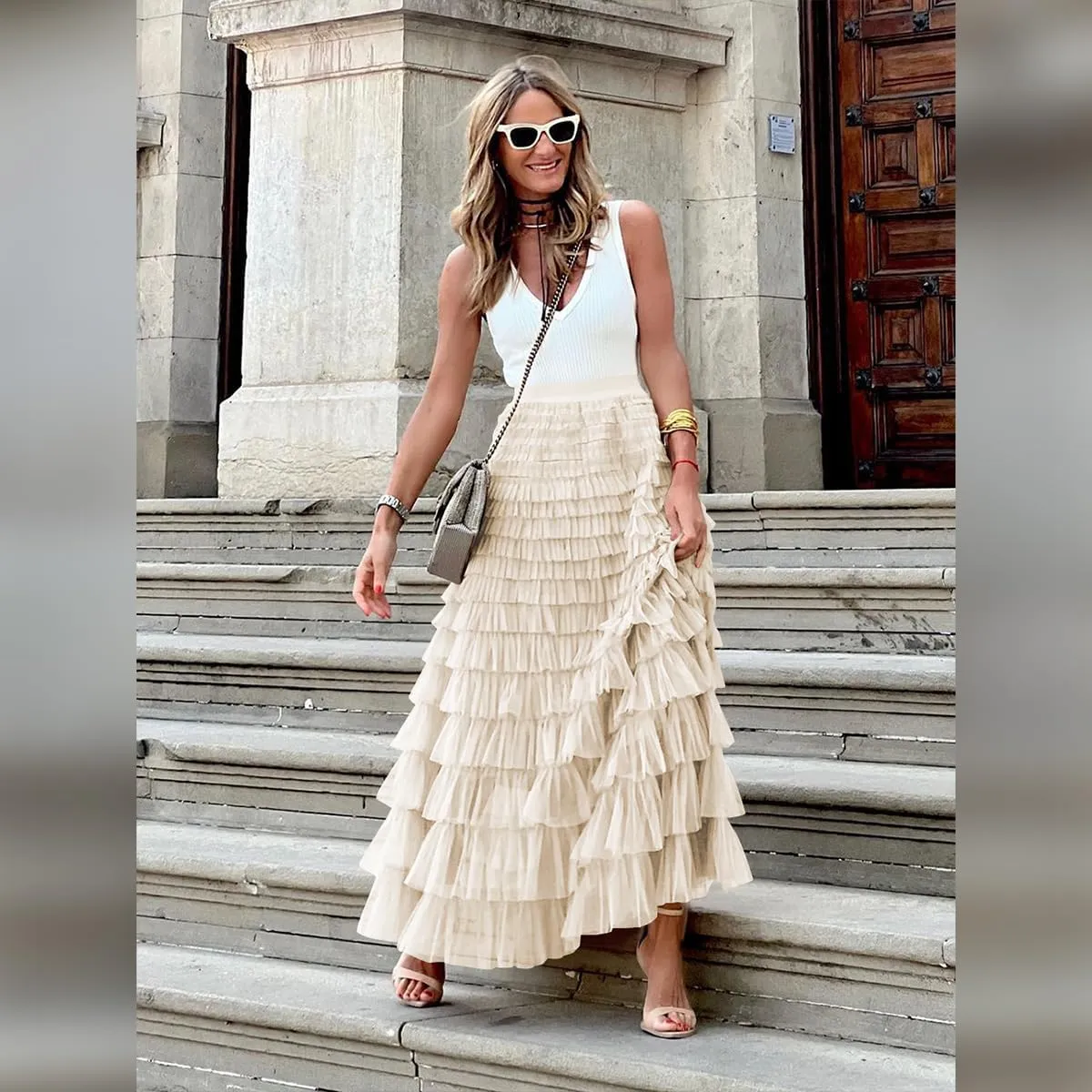 Long Tulle Skirt for Women Elastic High Waist Tutu A Line Fairy Skirt Mesh Layered Ruffle Skirt Tiered Maxi Skirts Petticoat