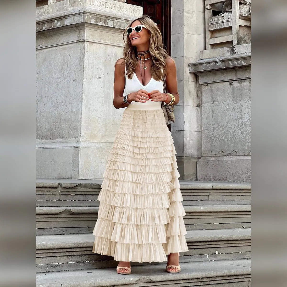Long Tulle Skirt for Women Elastic High Waist Tutu A Line Fairy Skirt Mesh Layered Ruffle Skirt Tiered Maxi Skirts Petticoat