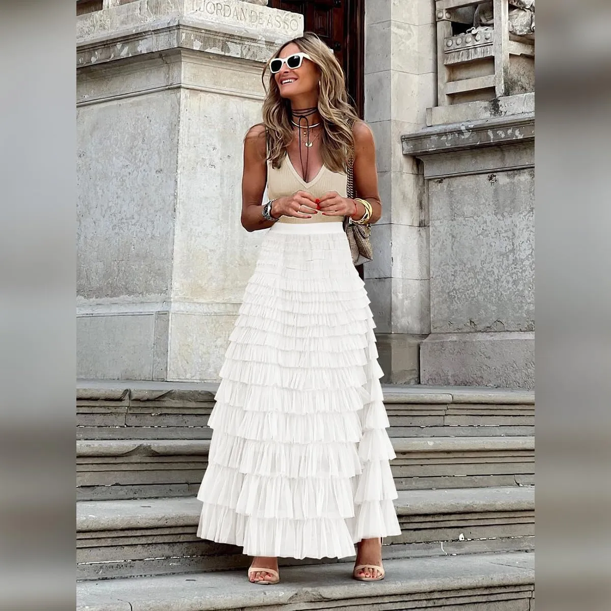Long Tulle Skirt for Women Elastic High Waist Tutu A Line Fairy Skirt Mesh Layered Ruffle Skirt Tiered Maxi Skirts Petticoat