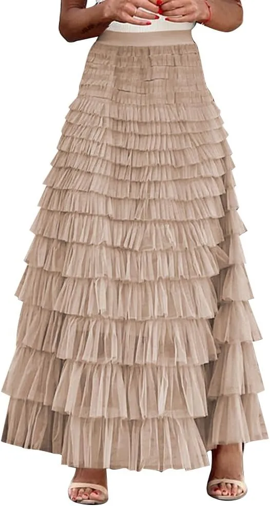Long Tulle Skirt for Women Elastic High Waist Tutu A Line Fairy Skirt Mesh Layered Ruffle Skirt Tiered Maxi Skirts Petticoat