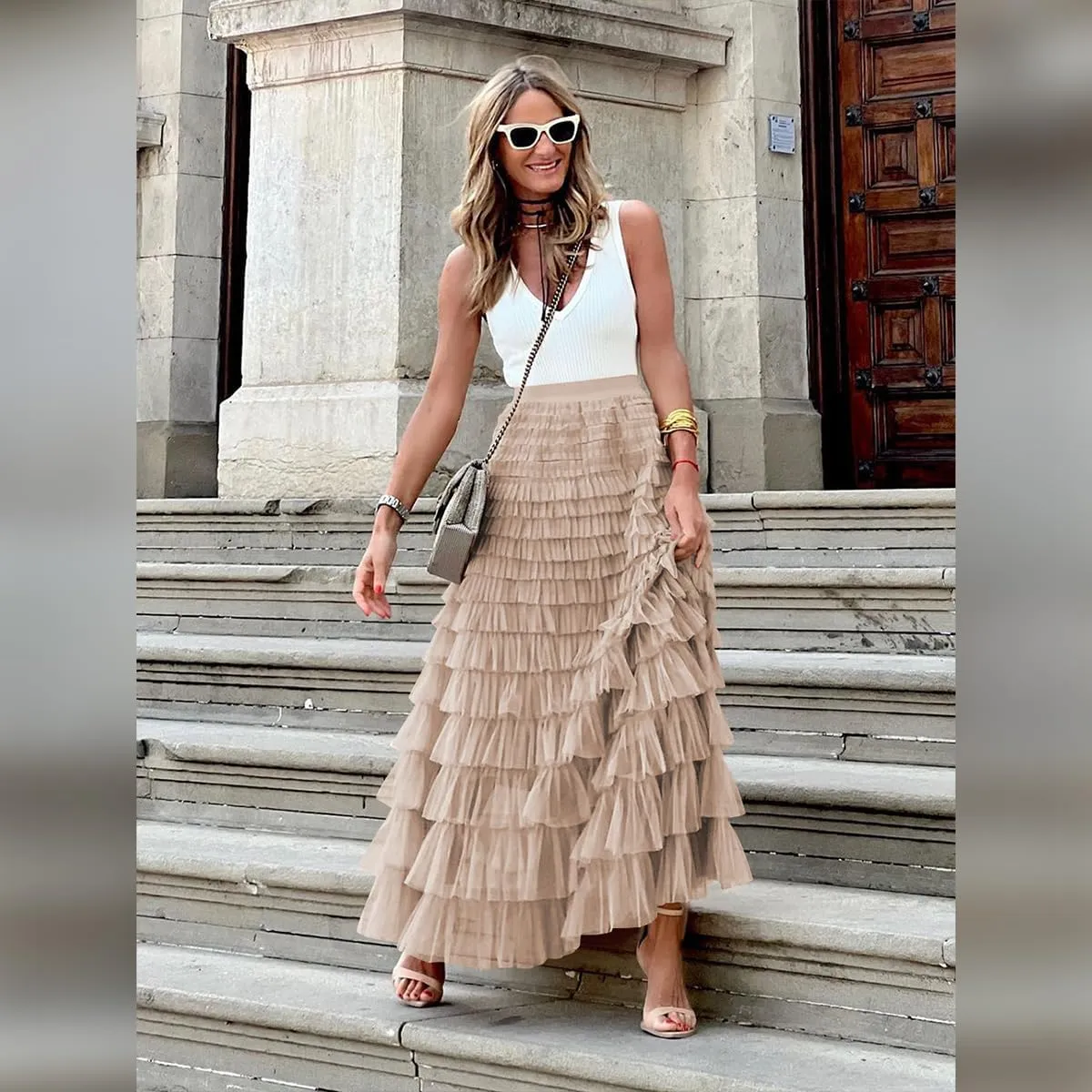 Long Tulle Skirt for Women Elastic High Waist Tutu A Line Fairy Skirt Mesh Layered Ruffle Skirt Tiered Maxi Skirts Petticoat