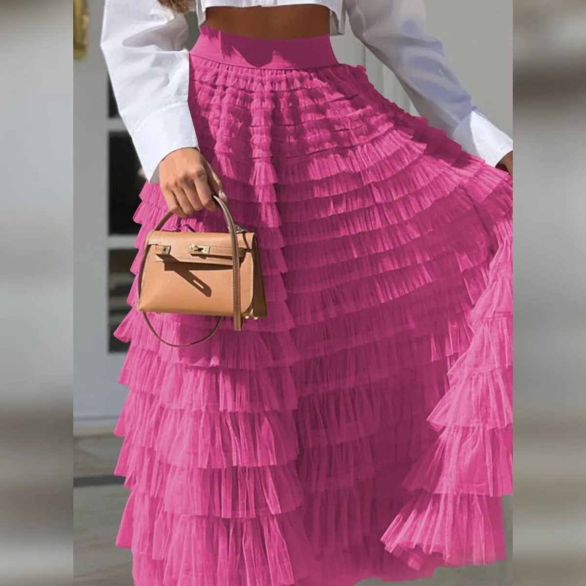 Long Tulle Skirt for Women Elastic High Waist Tutu A Line Fairy Skirt Mesh Layered Ruffle Skirt Tiered Maxi Skirts Petticoat