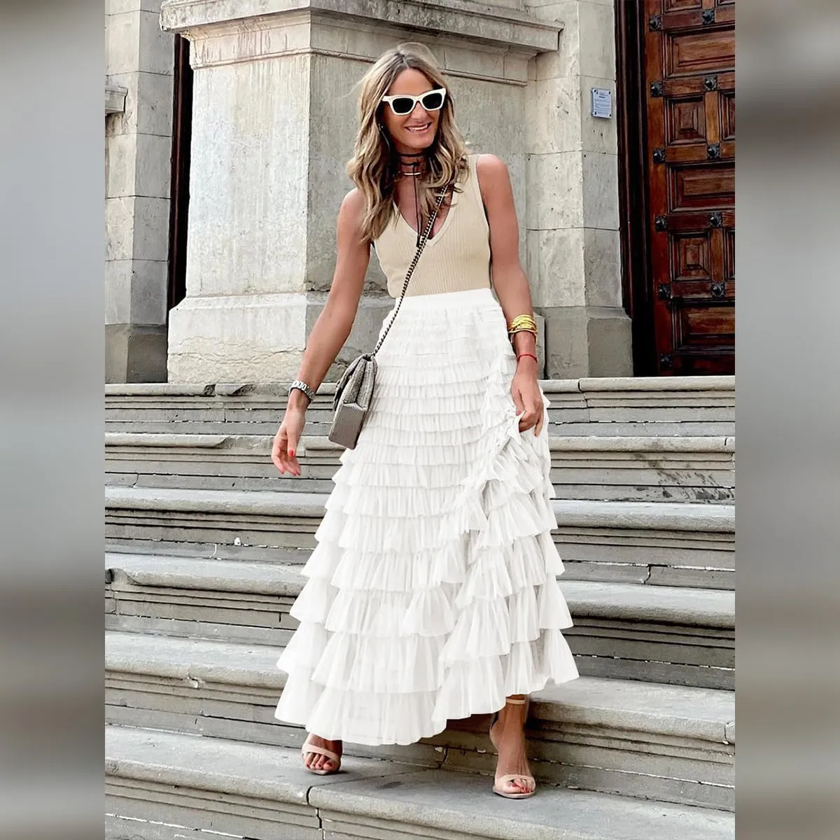 Long Tulle Skirt for Women Elastic High Waist Tutu A Line Fairy Skirt Mesh Layered Ruffle Skirt Tiered Maxi Skirts Petticoat