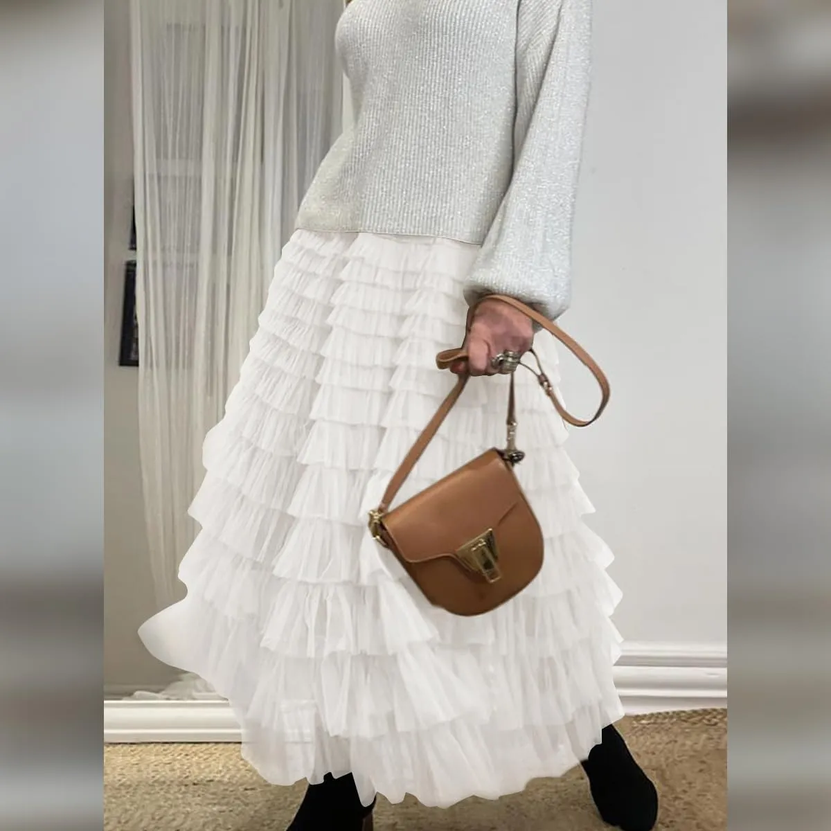 Long Tulle Skirt for Women Elastic High Waist Tutu A Line Fairy Skirt Mesh Layered Ruffle Skirt Tiered Maxi Skirts Petticoat