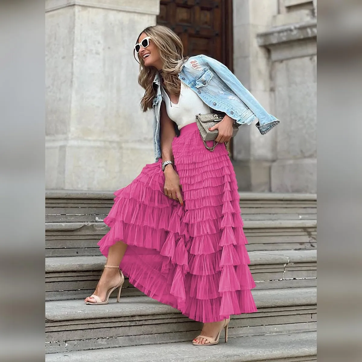 Long Tulle Skirt for Women Elastic High Waist Tutu A Line Fairy Skirt Mesh Layered Ruffle Skirt Tiered Maxi Skirts Petticoat