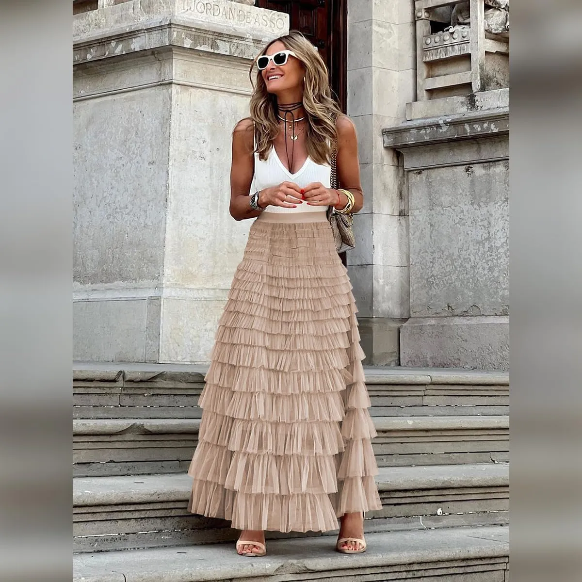 Long Tulle Skirt for Women Elastic High Waist Tutu A Line Fairy Skirt Mesh Layered Ruffle Skirt Tiered Maxi Skirts Petticoat