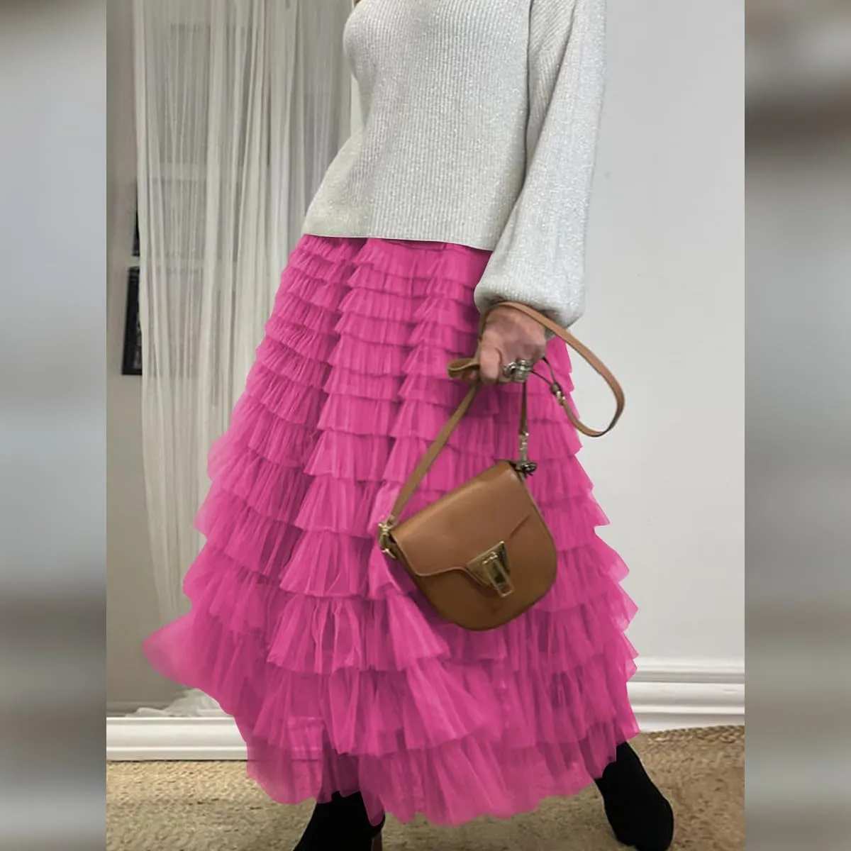 Long Tulle Skirt for Women Elastic High Waist Tutu A Line Fairy Skirt Mesh Layered Ruffle Skirt Tiered Maxi Skirts Petticoat