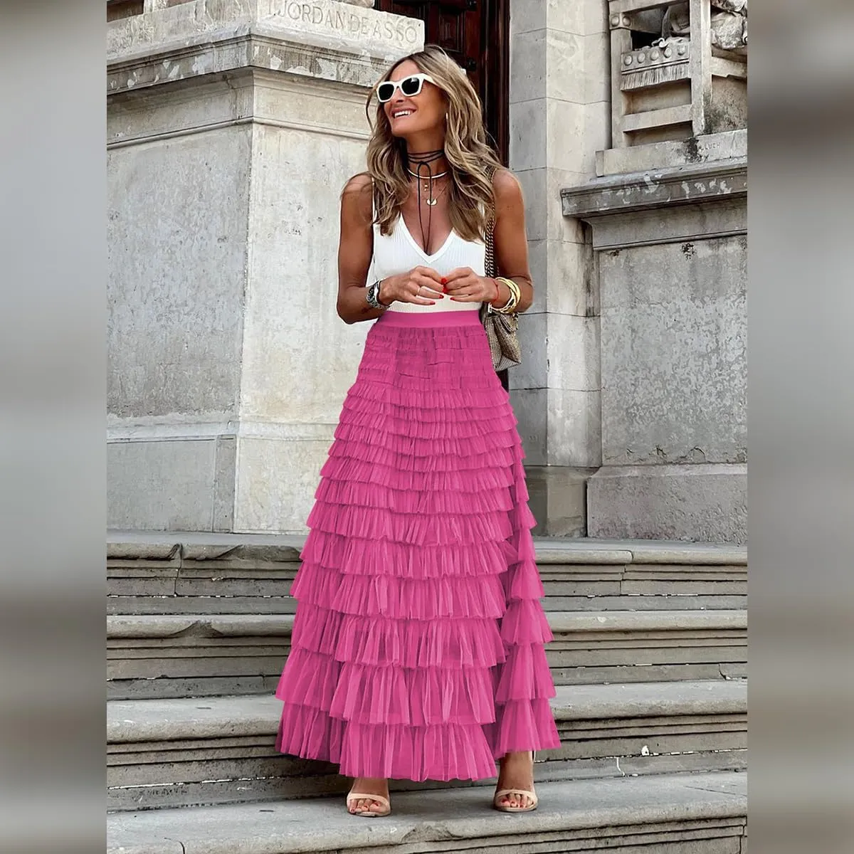 Long Tulle Skirt for Women Elastic High Waist Tutu A Line Fairy Skirt Mesh Layered Ruffle Skirt Tiered Maxi Skirts Petticoat