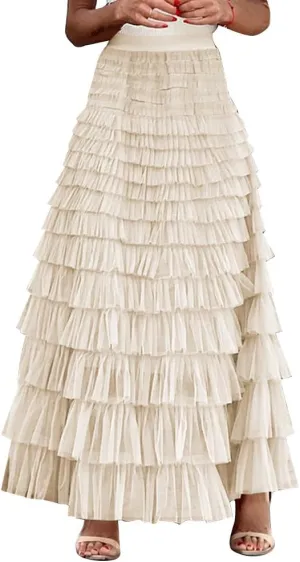 Long Tulle Skirt for Women Elastic High Waist Tutu A Line Fairy Skirt Mesh Layered Ruffle Skirt Tiered Maxi Skirts Petticoat