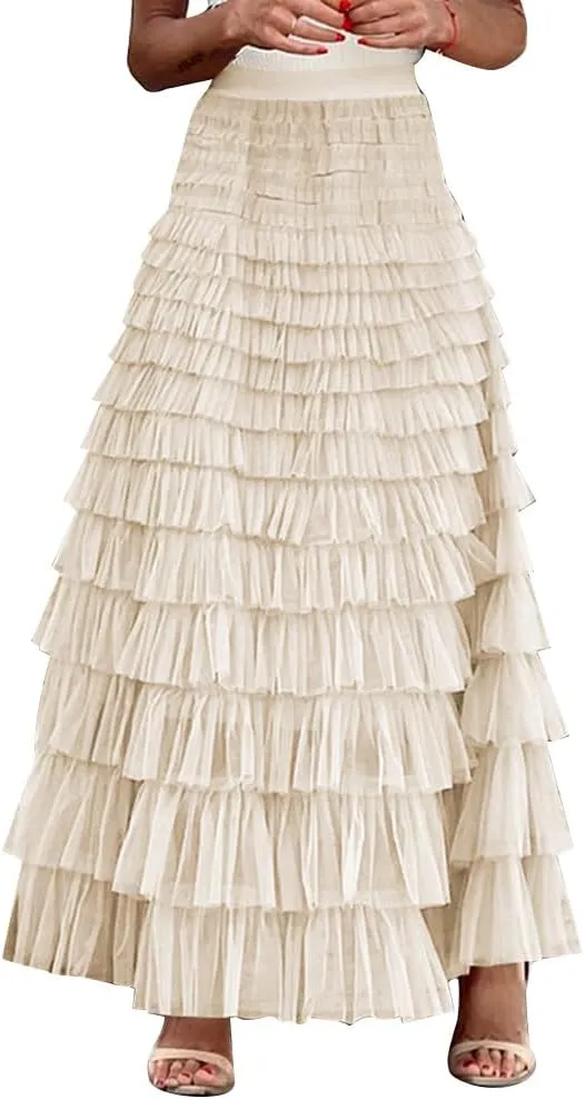 Long Tulle Skirt for Women Elastic High Waist Tutu A Line Fairy Skirt Mesh Layered Ruffle Skirt Tiered Maxi Skirts Petticoat
