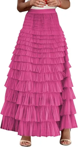 Long Tulle Skirt for Women Elastic High Waist Tutu A Line Fairy Skirt Mesh Layered Ruffle Skirt Tiered Maxi Skirts Petticoat