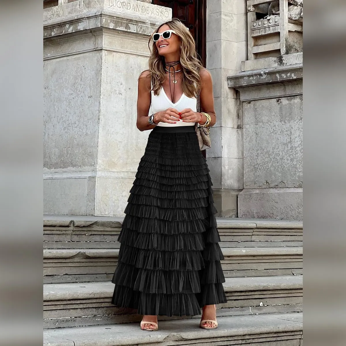 Long Tulle Skirt for Women Elastic High Waist Tutu A Line Fairy Skirt Mesh Layered Ruffle Skirt Tiered Maxi Skirts Petticoat