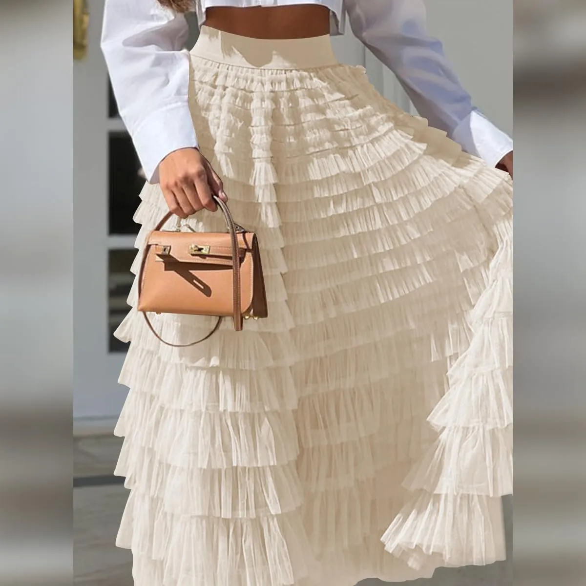Long Tulle Skirt for Women Elastic High Waist Tutu A Line Fairy Skirt Mesh Layered Ruffle Skirt Tiered Maxi Skirts Petticoat