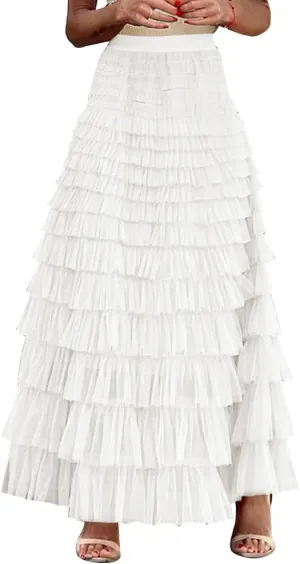 Long Tulle Skirt for Women Elastic High Waist Tutu A Line Fairy Skirt Mesh Layered Ruffle Skirt Tiered Maxi Skirts Petticoat