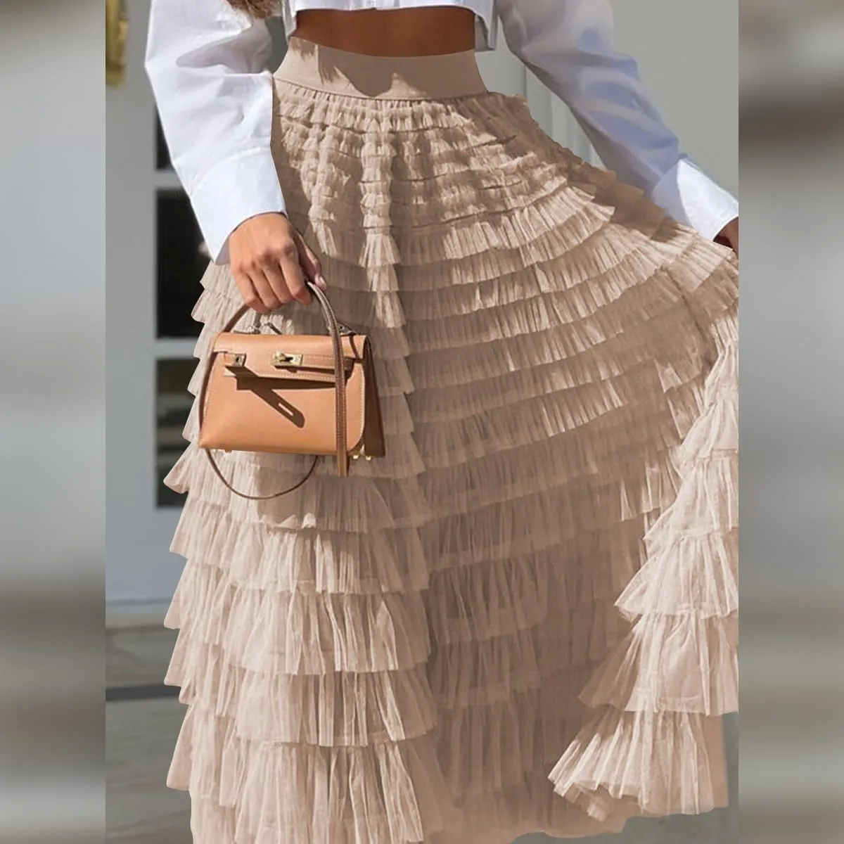 Long Tulle Skirt for Women Elastic High Waist Tutu A Line Fairy Skirt Mesh Layered Ruffle Skirt Tiered Maxi Skirts Petticoat