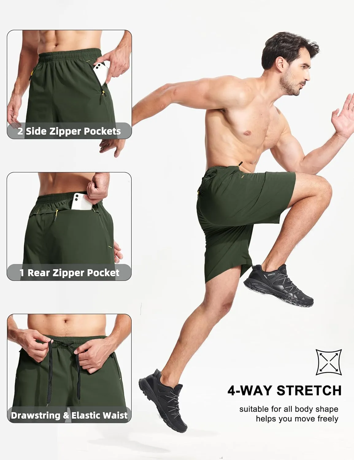 MAGCOMSEN Men's Athletic Running Shorts 9" Quick Dry Lightweight Sport Workout Hiking Gym Shorts with Zipper Pockets