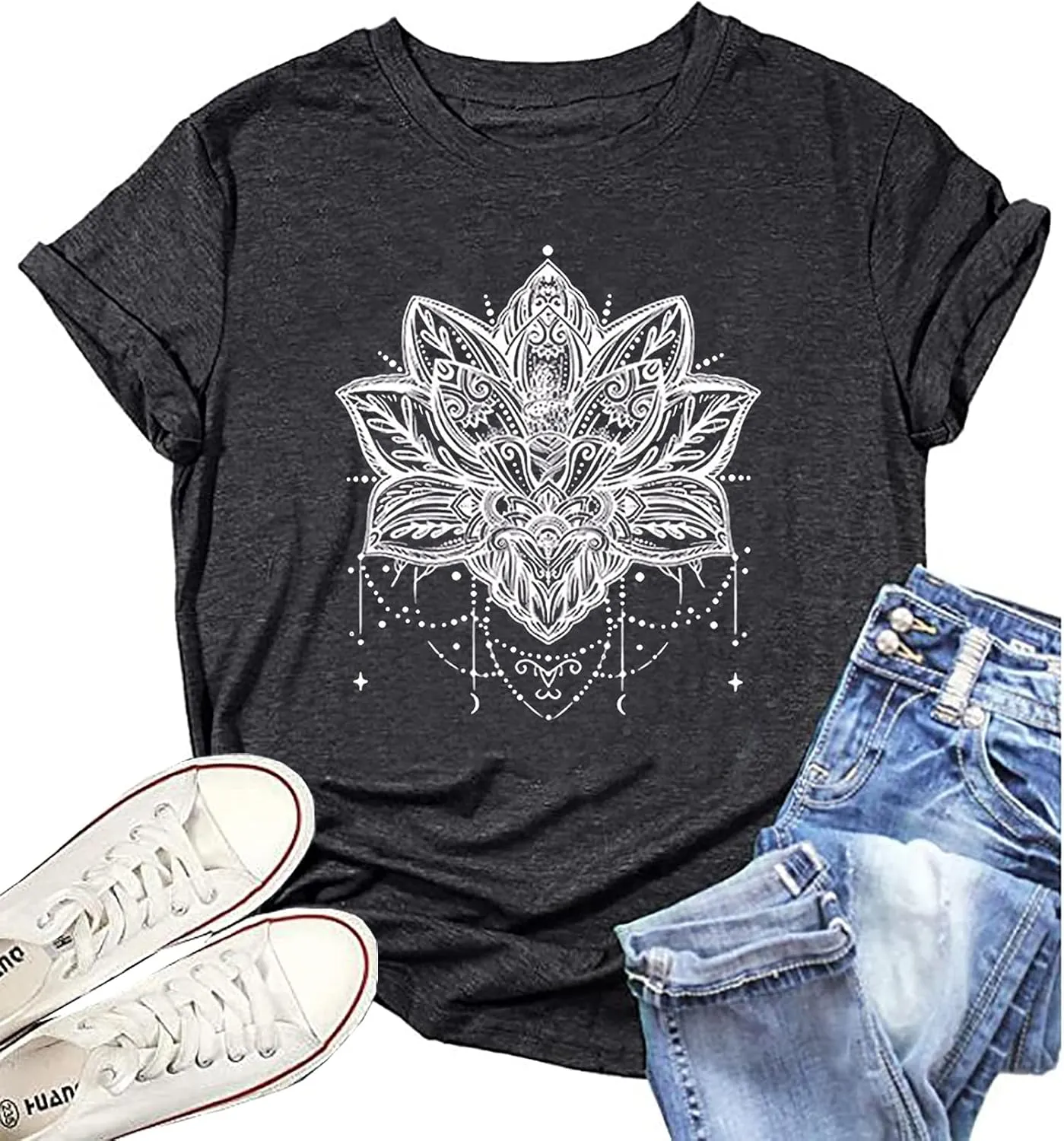Mandala Shirt for Women Lotus Flower Graphic Tees Short Sleeve Casual Mandala T Shirts Tops