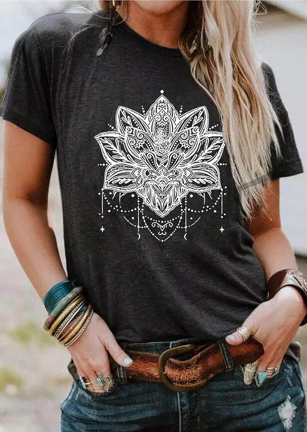 Mandala Shirt for Women Lotus Flower Graphic Tees Short Sleeve Casual Mandala T Shirts Tops