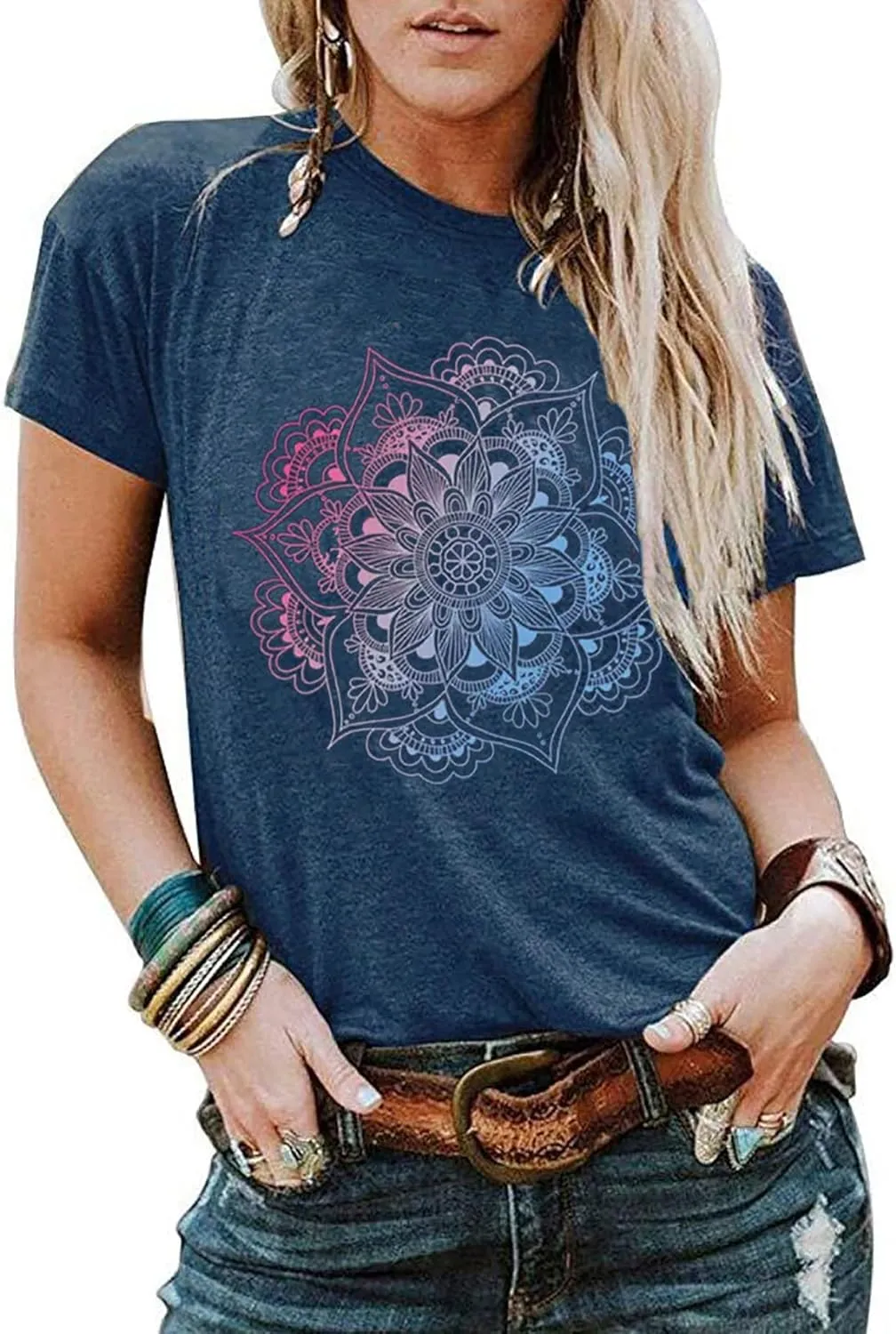 Mandala Shirt for Women Lotus Flower Graphic Tees Short Sleeve Casual Mandala T Shirts Tops