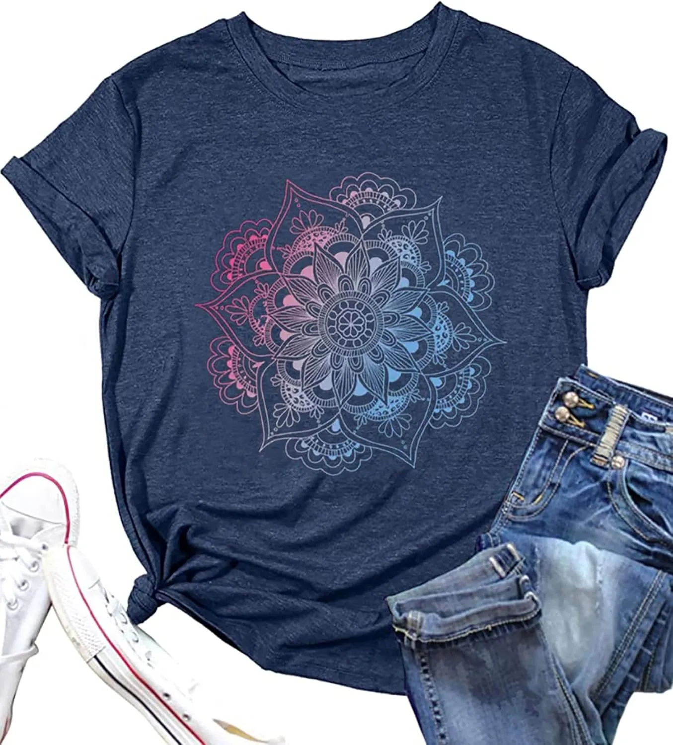 Mandala Shirt for Women Lotus Flower Graphic Tees Short Sleeve Casual Mandala T Shirts Tops