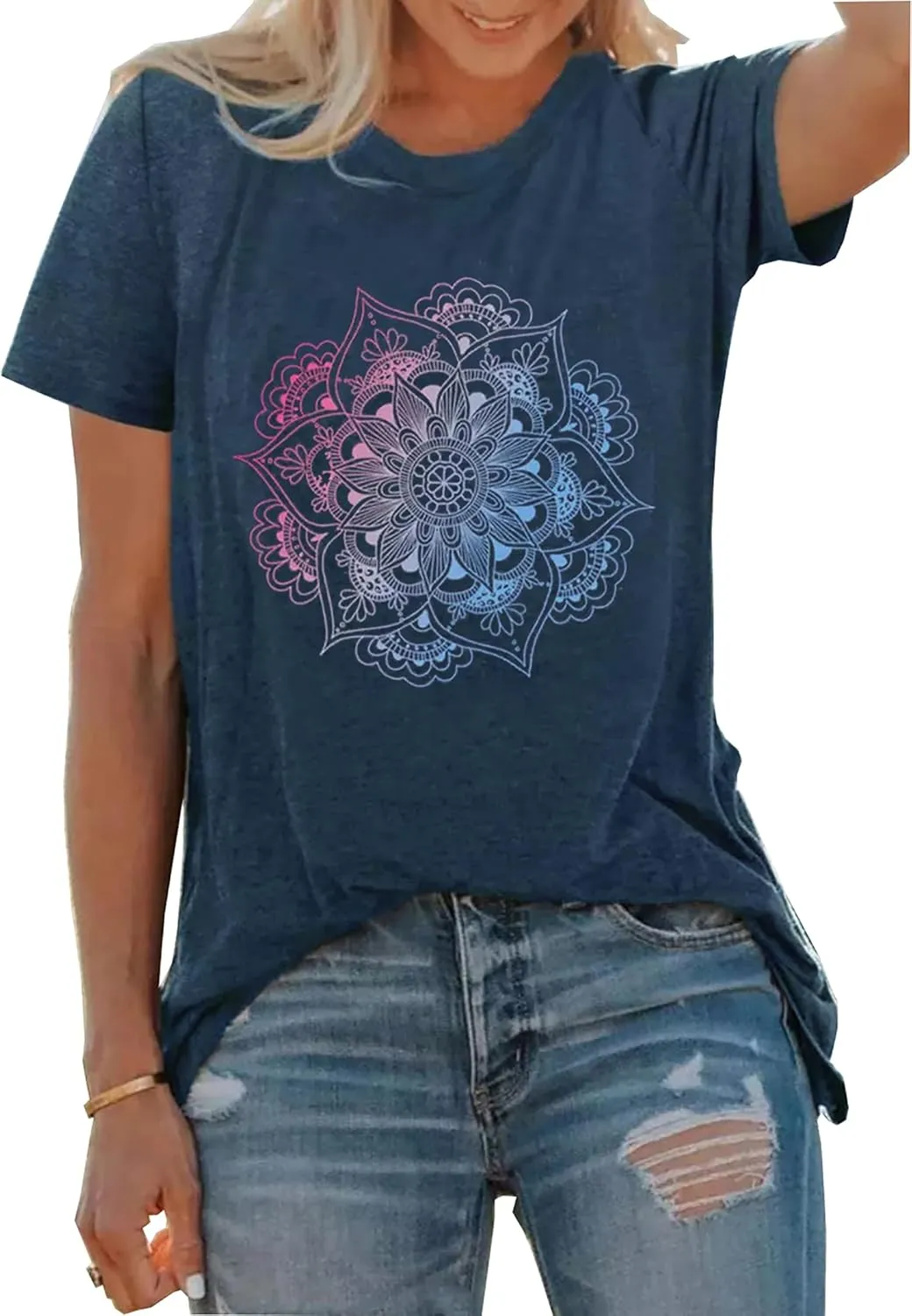Mandala Shirt for Women Lotus Flower Graphic Tees Short Sleeve Casual Mandala T Shirts Tops