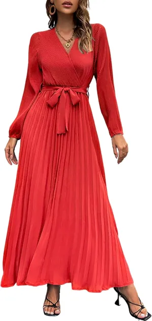 Mansy Women's Elegant Wrap V Neck Lantern Sleeve Bulted Pleated Flowy Maxi Long Dress