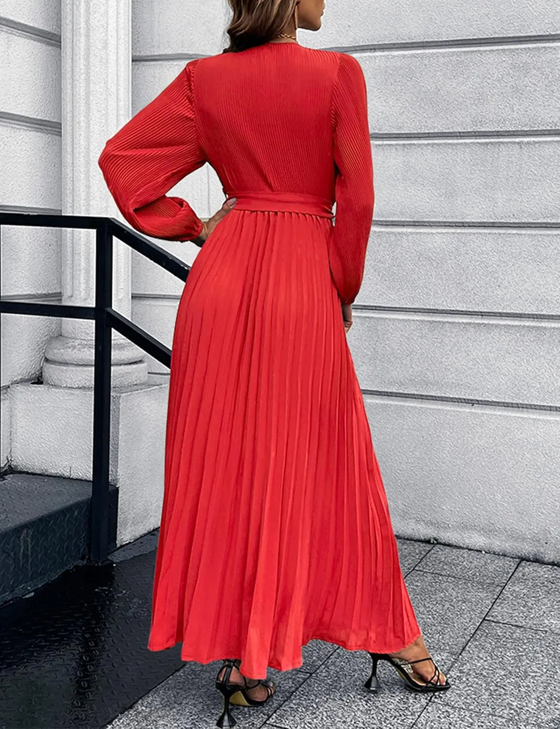 Mansy Women's Elegant Wrap V Neck Lantern Sleeve Bulted Pleated Flowy Maxi Long Dress