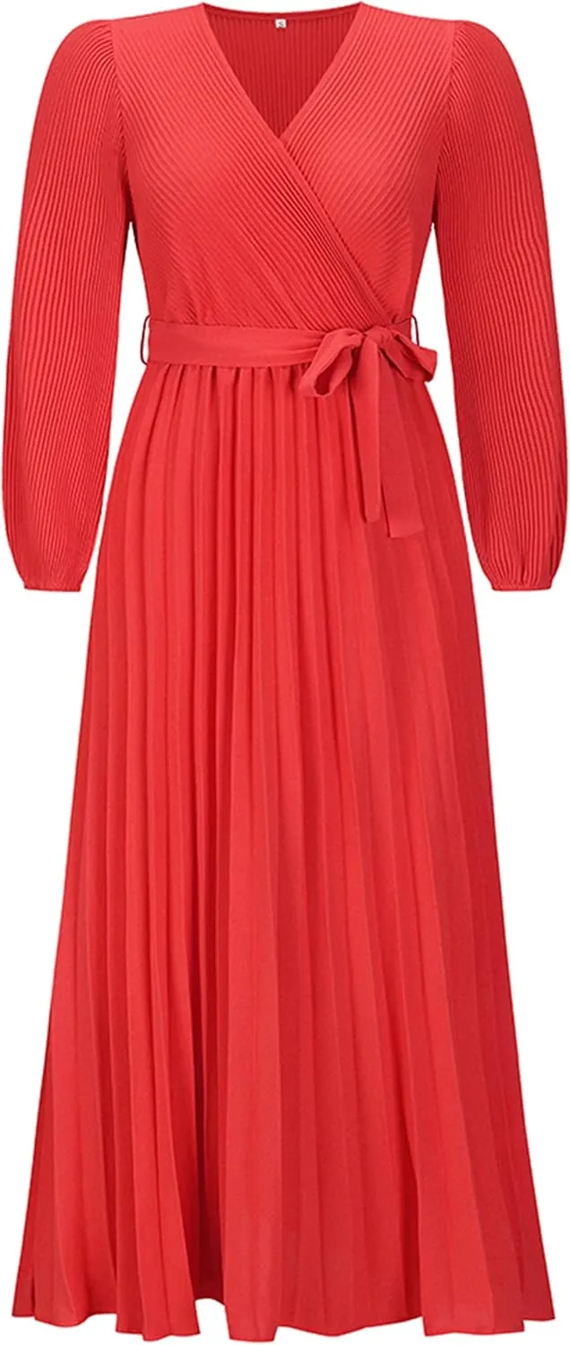 Mansy Women's Elegant Wrap V Neck Lantern Sleeve Bulted Pleated Flowy Maxi Long Dress