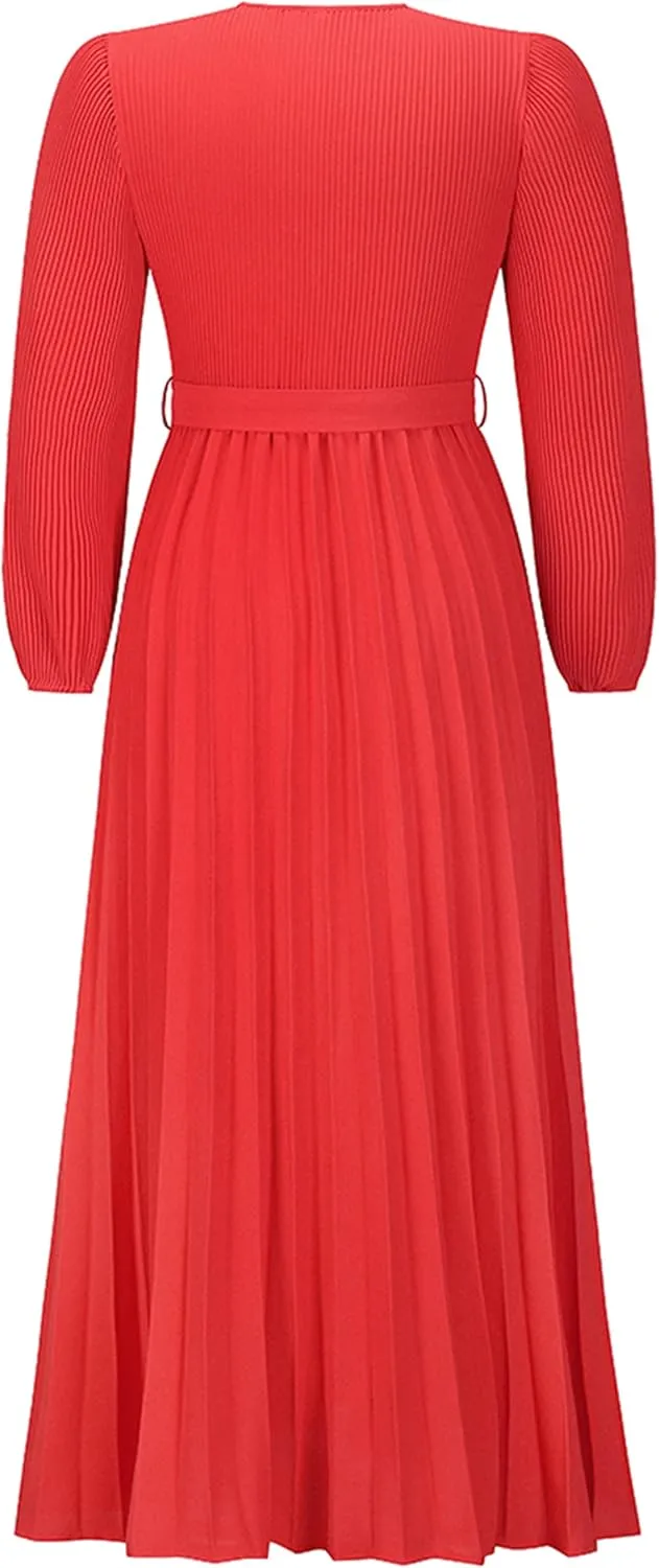 Mansy Women's Elegant Wrap V Neck Lantern Sleeve Bulted Pleated Flowy Maxi Long Dress