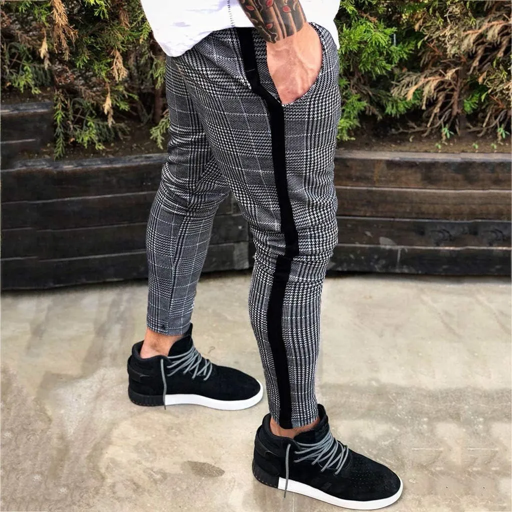Maryia Men's Casual Plaid Trousers Flat-Front Skinny Slim Fit Track Chino Pants Running Sport Joggers Sweatpants