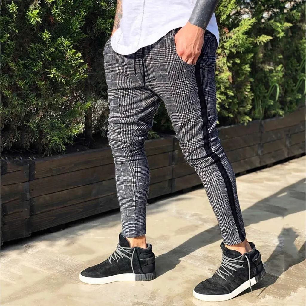Maryia Men's Casual Plaid Trousers Flat-Front Skinny Slim Fit Track Chino Pants Running Sport Joggers Sweatpants