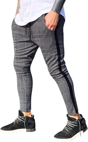 Maryia Men's Casual Plaid Trousers Flat-Front Skinny Slim Fit Track Chino Pants Running Sport Joggers Sweatpants