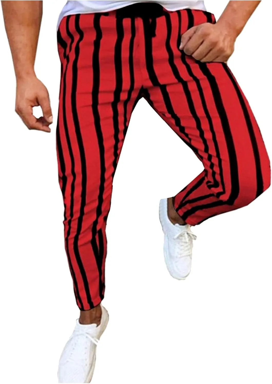 Maryia Men's Striped Skinny Pants Slim Fit Stretch Chino Fashion Jogger Drawstring Elastic Waist Business Style Trouser