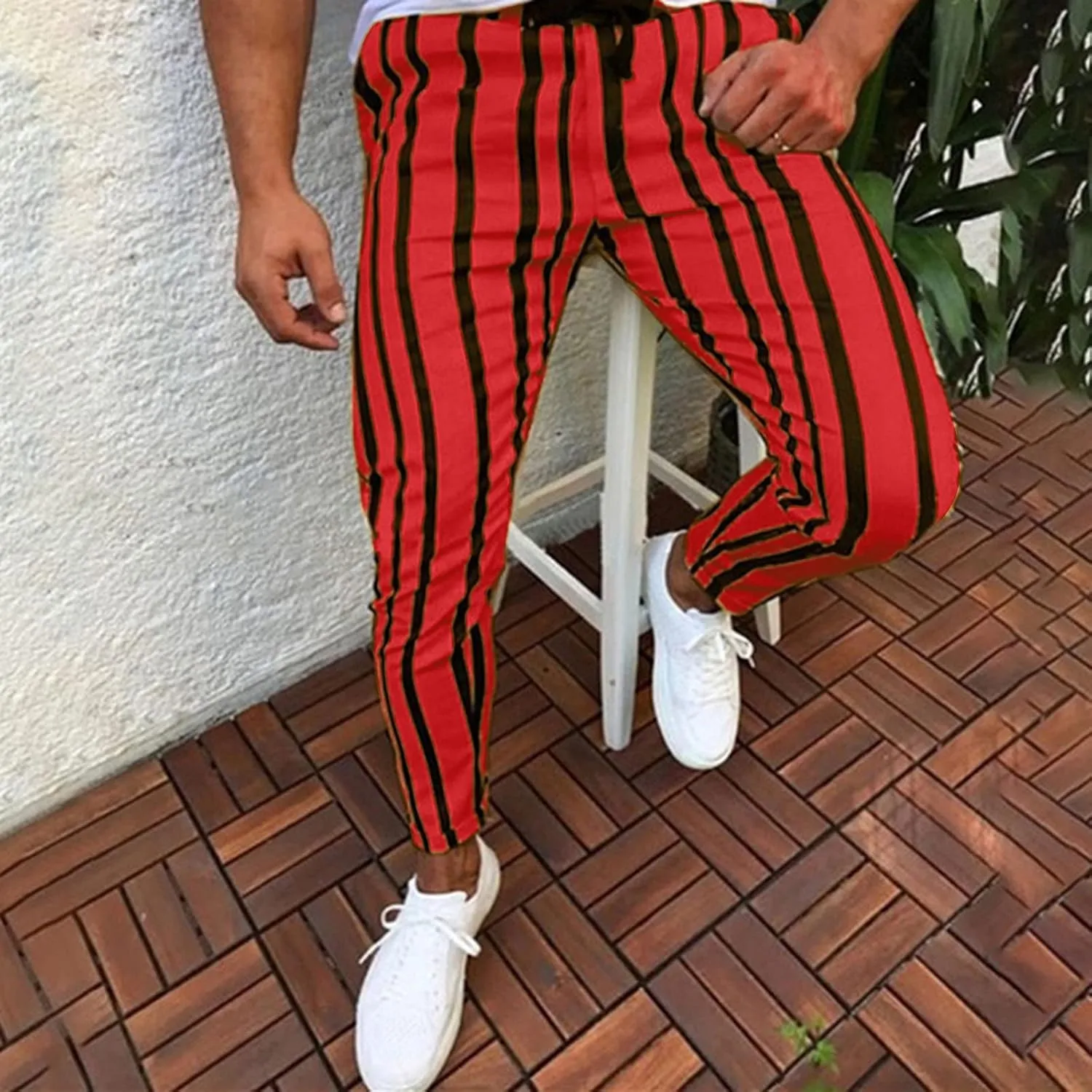 Maryia Men's Striped Skinny Pants Slim Fit Stretch Chino Fashion Jogger Drawstring Elastic Waist Business Style Trouser
