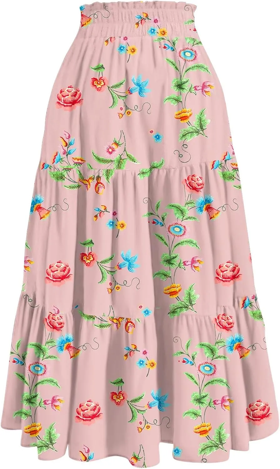 Maxi Skirt for Women Flowy Floral Print A-Line Maxi Summer Skirt Drawstring Elastic High Waist Pleated Tiered Skirts