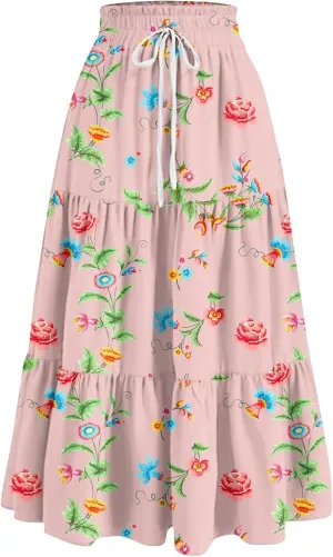 Maxi Skirt for Women Flowy Floral Print A-Line Maxi Summer Skirt Drawstring Elastic High Waist Pleated Tiered Skirts