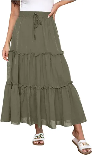 Maxi Skirt for Women Summer Trendy Dressy Drawstring Elastic High Waisted Layered A-Line Flowy Long Tiered Skirts