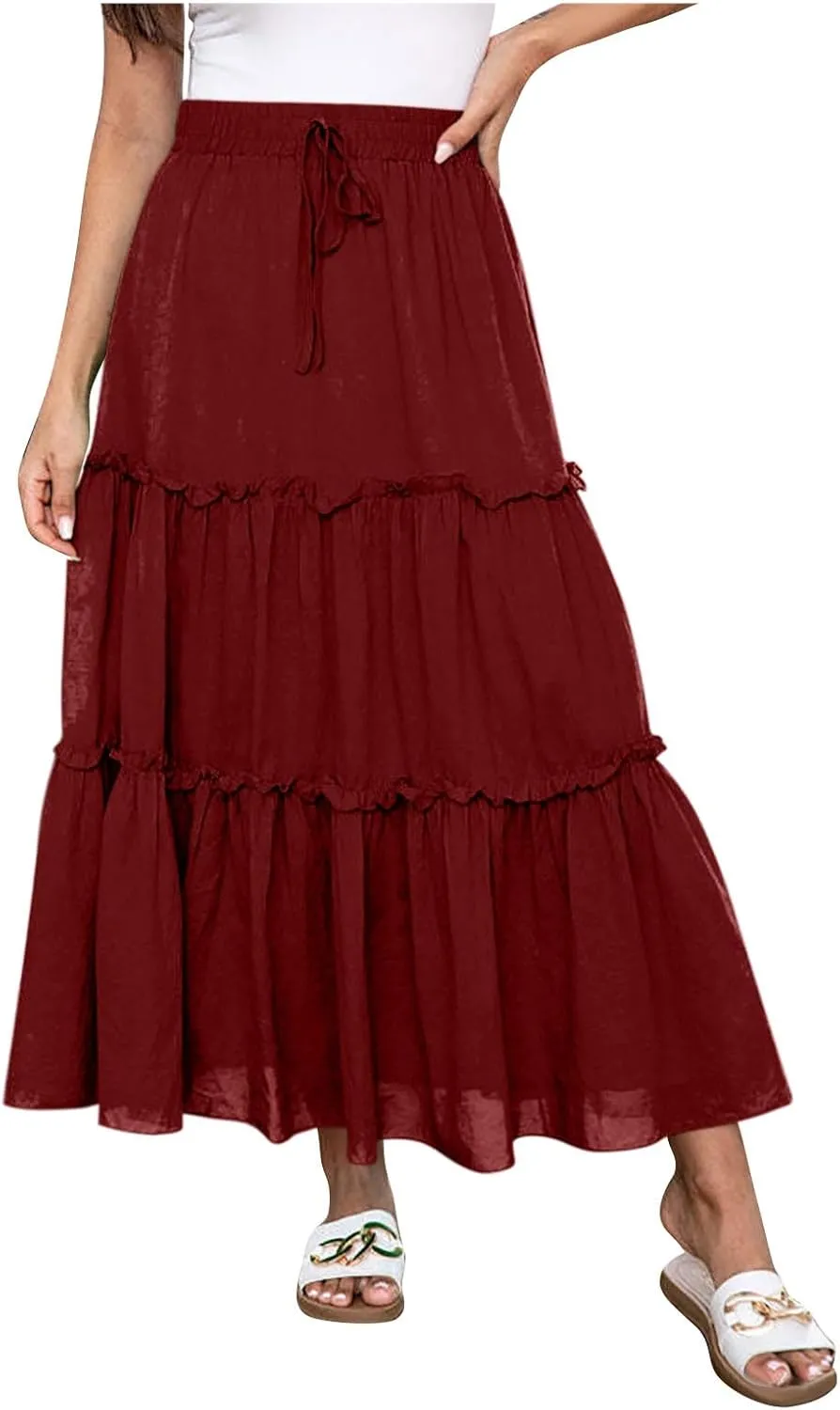 Maxi Skirt for Women Summer Trendy Dressy Drawstring Elastic High Waisted Layered A-Line Flowy Long Tiered Skirts