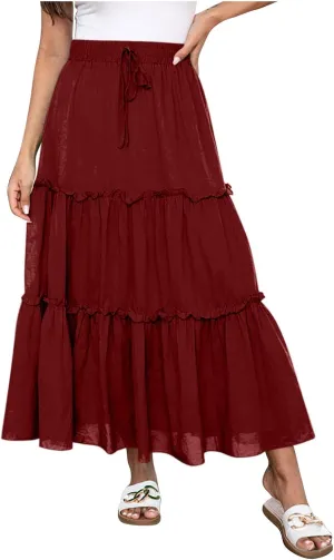 Maxi Skirt for Women Summer Trendy Dressy Drawstring Elastic High Waisted Layered A-Line Flowy Long Tiered Skirts